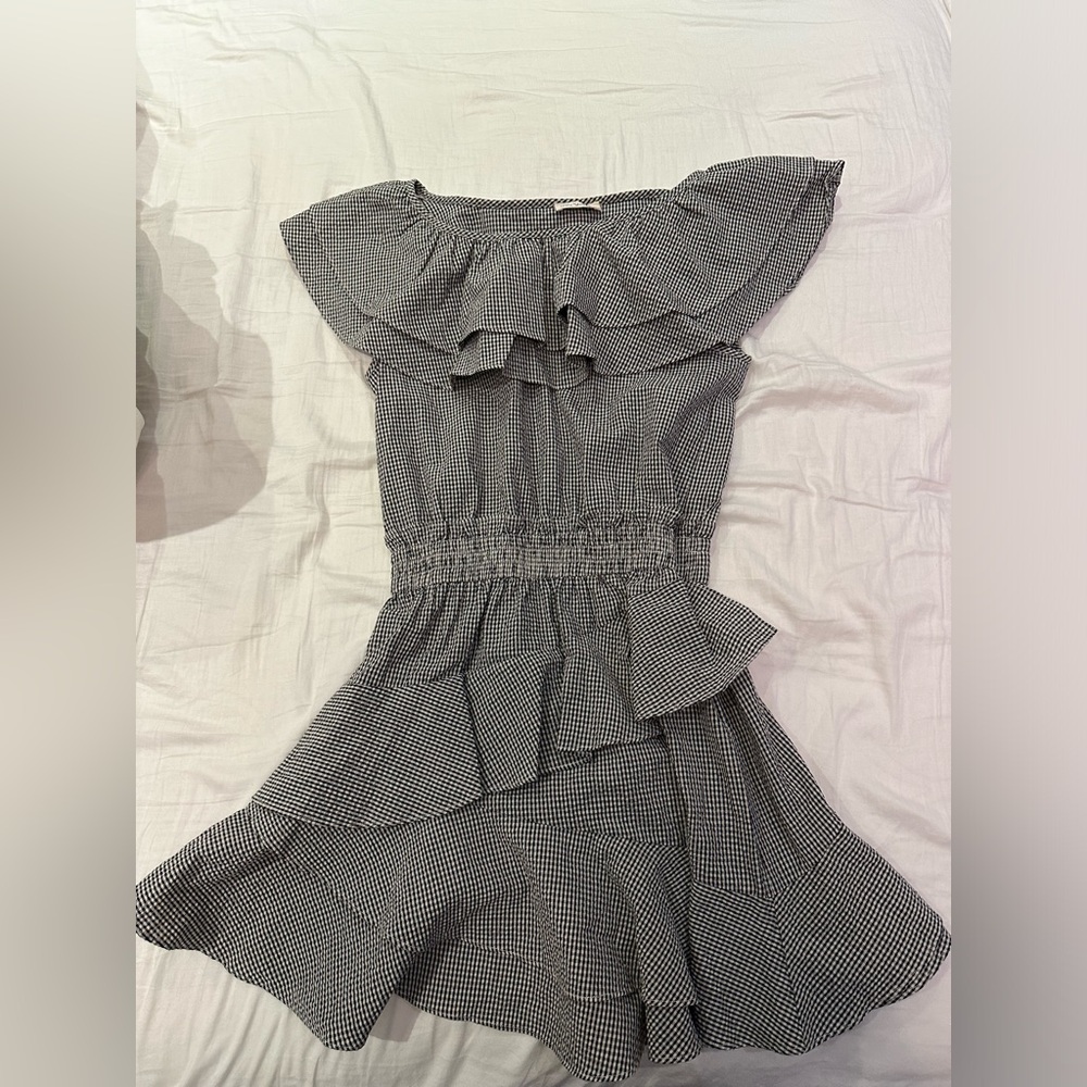 Love Shack Fancy black & white off the shoulder dress